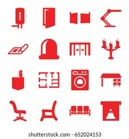 Interior icons set. set of 16 interior filled icons such as sliding doors, sofa, plan, door, office chair, office desk, office room, outdoor chair, table lamp, washing machine