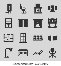 Interior icons set. set of 16 interior filled icons such as plan, door, barber chair, chair, wardrobe, table lamp, geyser, curtain, gate, office desk, office chair, baby bed
