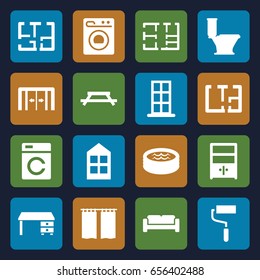 Interior icons set. set of 16 interior filled icons such as sliding doors, sofa, washing machine, door, window, toilet, office desk, roller, cupboard, jacuzzi, plan, curtain