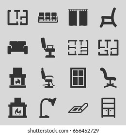 Interior icons set. set of 16 interior filled icons such as plan, window, barber chair, chair, wardrobe, table lamp, fireplace, sofa