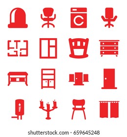 Interior icons set. set of 16 interior filled icons such as washing machine, door, nightstand, window, wardrobe, office chair, chair, plan, candlestick, geyser, curtain