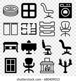 Interior icons set. set of 16 interior filled and outline icons such as restaurant table, window, barber chair, office chair, washing machine, plan, candlestick, table box