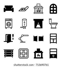 Interior icons set. set of 16 interior filled and outline icons such as plan, window, nightstand, wardrobe, cupboard, fireplace, sofa, gate, door warning, toilet, table lamp