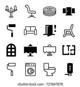Interior icons set. set of 16 interior filled and outline icons such as window, roller, plan, restaurant table, geyser, door warning, door, washing machine, office chair