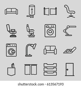 Interior icons set. set of 16 interior outline icons such as sofa, washing machine, plan, door, barber chair, office chair, office room, table lamp, table box, geyser, curtain