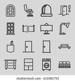 Interior icons set. set of 16 interior outline icons such as window, door, nightstand, barber chair, chair, office room, table lamp, cupboard, restaurant table