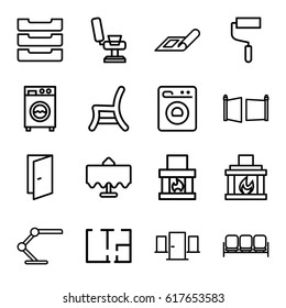 Interior icons set. set of 16 interior outline icons such as restaurant table, sofa, plan, door, barber chair, roller, outdoor chair, table lamp, table box, fireplace