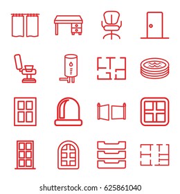 Interior icons set. set of 16 interior outline icons such as window, door, barber chair, office desk, office chair, table box, jacuzzi, plan, geyser, curtain, gate
