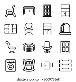 Interior icons set. set of 16 interior outline icons such as door, window, wardrobe, office chair, outdoor chair, table box, cupboard, jacuzzi, washing machine, plan