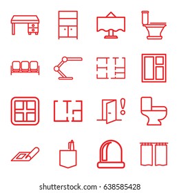 Interior icons set. set of 16 interior outline icons such as sofa, plan, window, toilet, wardrobe, office desk, office room, table lamp, restaurant table, curtain