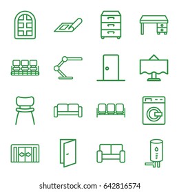 Interior icons set. set of 16 interior outline icons such as sliding doors, sofa, washing machine, plan, window, door, chair, office desk, table lamp, nightstand