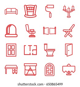 Interior icons set. set of 16 interior outline icons such as restaurant table, sofa, window, door, barber chair, toilet, office desk, roller, outdoor chair, plan, candlestick