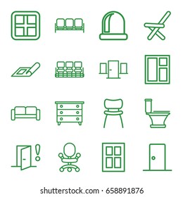 Interior icons set. set of 16 interior outline icons such as sofa, plan, window, nightstand, chair, toilet, outdoor chair, door, door warning, office chair