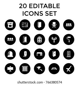Interior icons. set of 20 editable filled interior icons such as window, door, chair, office desk, office chair, roller, table, baby bed, outdoor chair, opened door, plan