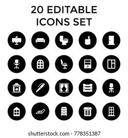 Interior icons. set of 20 editable filled interior icons such as restaurant table, plan, window, door, office room, toilet. best quality interior elements in trendy style.