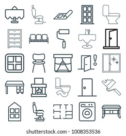 Interior icons. set of 25 editable outline interior icons such as restaurant table, sofa, plan, window, door, barber chair, office desk, roller, fireplace, chair