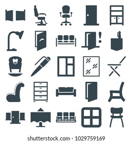 Interior icons. set of 25 editable filled interior icons such as sofa, window, door, barber chair, chair, wardrobe, office room, table lamp, restaurant table, gate