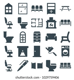 Interior icons. set of 25 editable filled interior icons such as door, window, barber chair, chair, toilet, outdoor chair, nightstand, cupboard, fireplace, sofa, plan