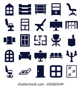 Interior icons set. set of 25 interior filled icons such as restaurant table, sliding doors, sofa, plan, window, door, nightstand, barber chair, wardrobe, office chair