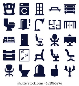 Interior icons set. set of 25 interior filled icons such as sliding doors, washing machine, door, nightstand, barber chair, chair, window, toilet, office room, table lamp