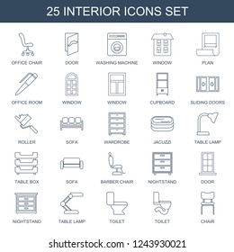 interior icons. Set of 25 line interior icons included office chair, door, washing machine, window, plan on white background. Editable interior icons for web, mobile and infographics.
