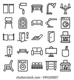 interior icons set. Set of 25 interior outline icons such as sofa, washing machine, plan, window, nightstand, door, chair, office room, roller, outdoor chair, table lamp