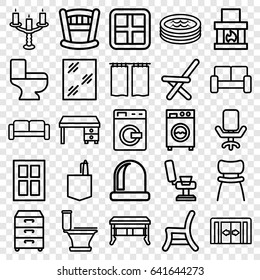 Interior icons set. set of 25 interior outline icons such as sliding doors, sofa, washing machine, window, barber chair, toilet, office desk, office room, outdoor chair