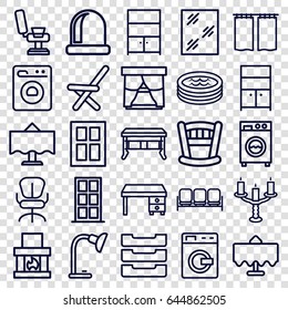 Interior icons set. set of 25 interior outline icons such as restaurant table, sofa, washing machine, door, window, barber chair, wardrobe, office desk, office chair