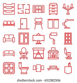 Interior icons set. set of 25 interior outline icons such as sliding doors, sofa, window, door, barber chair, toilet, office room, roller, chair, table lamp, table box
