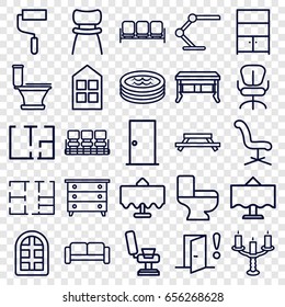 Interior icons set. set of 25 interior outline icons such as restaurant table, sofa, window, door, nightstand, barber chair, chair, toilet, office chair, roller, table lamp