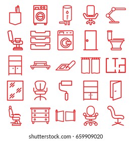 Interior icons set. set of 25 interior outline icons such as washing machine, plan, door, nightstand, barber chair, window, toilet, wardrobe, office chair, office room, roller