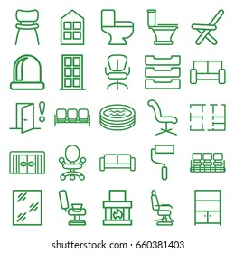 Interior icons set. set of 25 interior outline icons such as sliding doors, sofa, door, window, barber chair, chair, toilet, roller, table box, cupboard, jacuzzi, plan