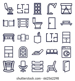 Interior icons set. set of 25 interior outline icons such as sofa, washing machine, plan, window, door, nightstand, barber chair, toilet, wardrobe, office room, outdoor chair