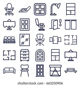 Interior icons set. set of 25 interior outline icons such as restaurant table, sofa, plan, window, door, barber chair, chair, wardrobe, office chair, table lamp, nightstand
