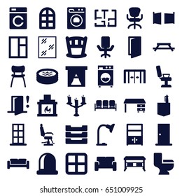 Interior icons set. set of 36 interior filled icons such as sliding doors, sofa, washing machine, window, door, barber chair, office desk, office room, office chair, toilet