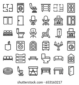 Interior icons set. set of 36 interior outline icons such as sofa, washing machine, window, door, nightstand, barber chair, chair, toilet, office desk, office room, table box