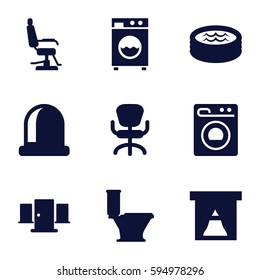 interior icons set. Set of 9 interior filled icons such as barber chair, toilet, office chair, jacuzzi, washing machine, door, window