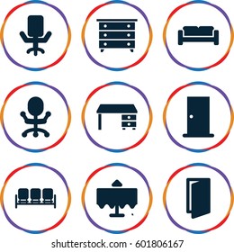 interior icons set. Set of 9 interior filled icons such as restaurant table, sofa, door, nightstand, office desk
