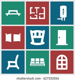 Interior icons set. set of 9 interior filled icons such as window, door, chair, outdoor chair, plan, geyser, gate, table