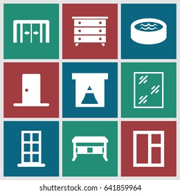 Interior icons set. set of 9 interior filled icons such as sliding doors, door, nightstand, window, jacuzzi