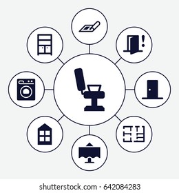 Interior icons set. set of 9 interior filled icons such as plan, window, barber chair, wardrobe, washing machine, door, restaurant table