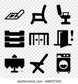 Interior icons set. set of 9 interior filled icons such as restaurant table, sliding doors, plan, barber chair, outdoor chair, table box, washing machine