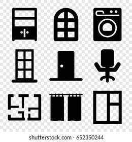 Interior icons set. set of 9 interior filled icons such as window, door, cupboard, washing machine, plan, curtain