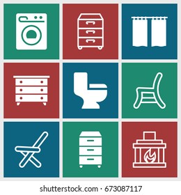 Interior icons set. set of 9 interior filled and outline icons such as nightstand, toilet, washing machine, curtain, outdoor chair