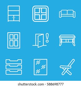 interior icons set. Set of 9 interior outline icons such as sofa, window, outdoor chair, table box, cupboard, door warning