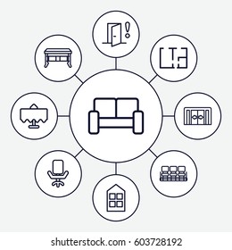 Interior icons set. set of 9 interior outline icons such as restaurant table, sliding doors, window, chair, sofa, plan, door warning, office chair