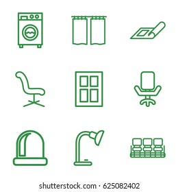 Interior icons set. set of 9 interior outline icons such as plan, window, chair, office chair, table lamp, washing machine, curtain