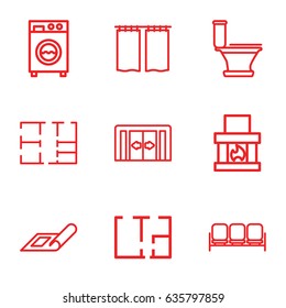 Interior icons set. set of 9 interior outline icons such as sliding doors, sofa, plan, toilet, washing machine, curtain