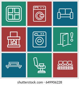Interior icons set. set of 9 interior outline icons such as washing machine, window, barber chair, chair, sofa, door warning, table