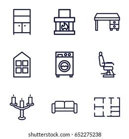 Interior icons set. set of 9 interior outline icons such as sofa, window, barber chair, wardrobe, office desk, plan, candlestick, washing machine
